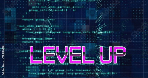 Image of level up and data processing on blue background