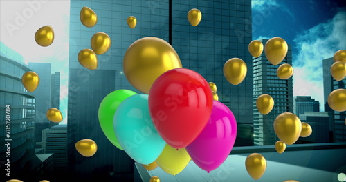 Image of balloons icons over cityscape