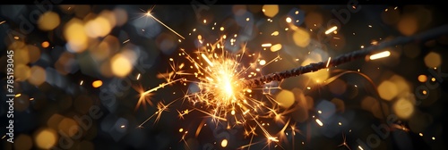 Sparkling Golden Incense Sparkler Firework Exploding in Darkness Close-up Festival Celebration