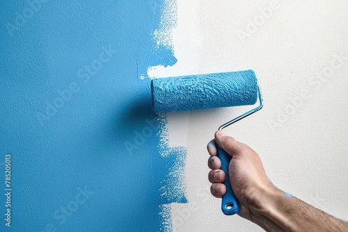 Male hand holding roller brush with blue paint on the wall