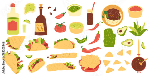 Mexican food set. Sauce salsa, guacamole. Burrito, taco, nacho. Traditional culture cuisine. Vector flat hand drawn illustration isolated.