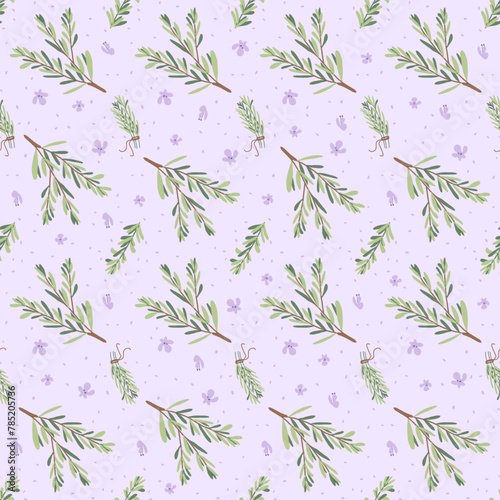 Rosemary herbs branch and flowers seamless pattern. Rosemary plant green leaves repeat background. Botanic endless cover. Vector hand drawn illustration.