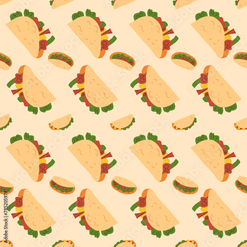 Taco seamless pattern. Traditional Mexican fast food endless background. Vector illustration.