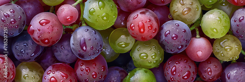 Dew-covered grapes in a range of colors convey freshness and a sense of purity