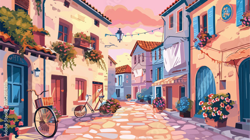 Italian town street at sunset. Vector cartoon illustration