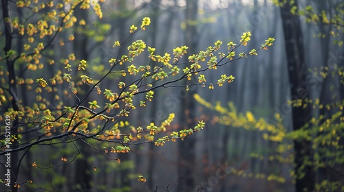 Fresh buds on trees, vibrant forest, close-up, low angle, soft morning light of spring renewal 