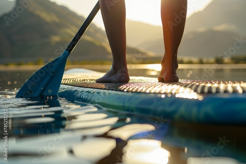 Close up of a woman's legs standing on a paddleboard with a blue oar in lake at sunrise, the warm sunlight over the calm water and creating a serene atmosphere with mountains visible in the background