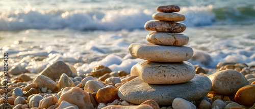 Zen Stones Balance at Seashore during Sunset