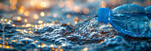 Water Bottle Pouring Pure Liquid with Golden Bokeh Lights