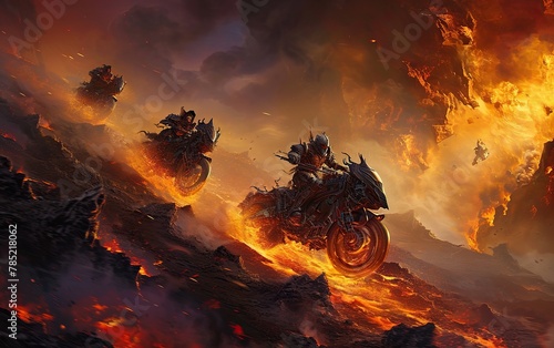 Group of adventurers races across the fantasy treacherous landscape of infernal war machines. 