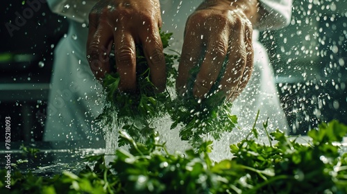 Chef hands crushing fresh parsley leaves to infuse flavor into a dish. The motion is frozen in time, emphasizing the aromatic essence of the herb.