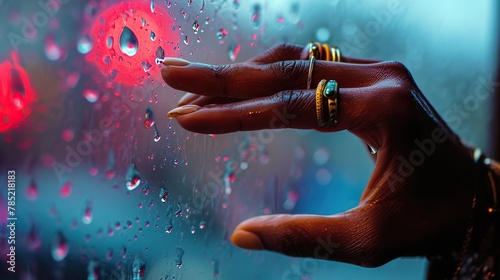 Hand adorned with an assortment of eclectic rings reaches out to touch a raindrop on a windowpane. The play of reflections and the vibrant colors draw influence from contemporary fashion