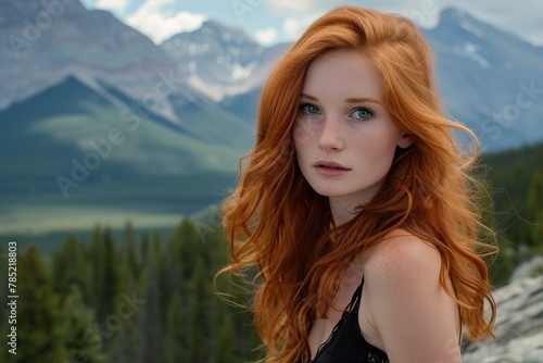 A fiery redhead with emerald-green eyes captivates against the rugged backdrop of Banff National Park. Her magnetic presence adds a touch of sensuality to the serene mountainous landscape.