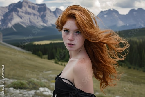 A fiery redhead with emerald-green eyes captivates against the rugged backdrop of Banff National Park. Her magnetic presence adds a touch of sensuality to the serene mountainous landscape.