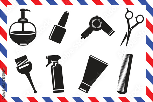 Set of Barber equipment on red and blue traditional background. Isolated on white background. Editable vector Multipurpose illustration. eps 10.