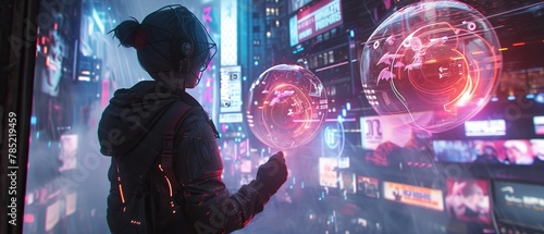 A futuristic interpretation set in a sci-fi landscape, featuring a cyberpunk gnome with neon accents. The gnome wields two holographic orbs containing digital bird-like creatures.