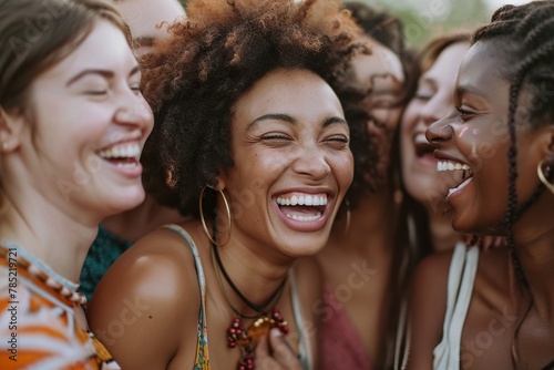 Group of diverse women sharing support and laughter during a menstrual product commercial shoot. The atmosphere is warm, emphasizing unity and sisterhood