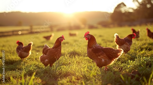 Chickens foraging in a sunlit pasture, capturing the essence of free-range farming and the natural habitat of these birds. The image draws inspiration from agricultural photography