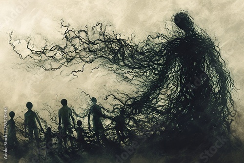 Silhouette of a father figure casting a long, oppressive shadow over a family. The shadow takes the form of twisted, thorny vines that ensnare the family members, symbolizing the impact of a father