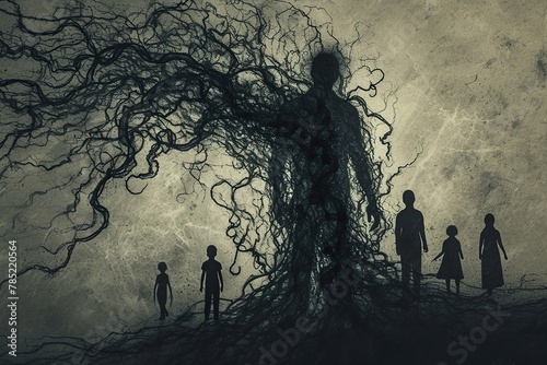Silhouette of a father figure casting a long, oppressive shadow over a family. The shadow takes the form of twisted, thorny vines that ensnare the family members, symbolizing the impact of a father