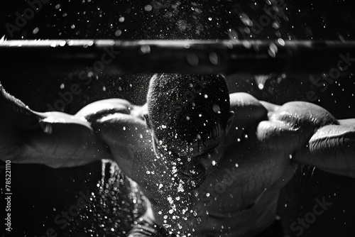 Weightlifter mid-lift, with beads of sweat and strained muscles highlighting the physical exertion. The photograph conveys the strength and determination required in sports.