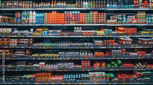A retail shelf in a grocery store aisle filled with a variety of food and drinks