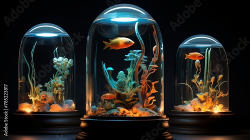 Colorful fishes floating in an aquarium jar on a dark background. Three Glass aquarium with fishes