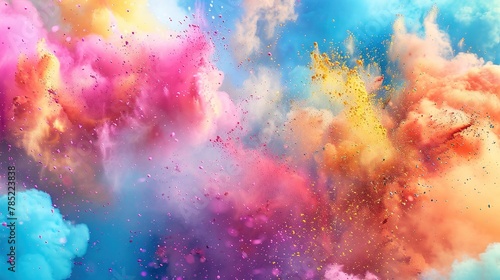 Colorful clouds of powdered dyes filling the sky as people joyfully throw handfuls of Holi colors into the air, creating a mesmerizing spectacle.