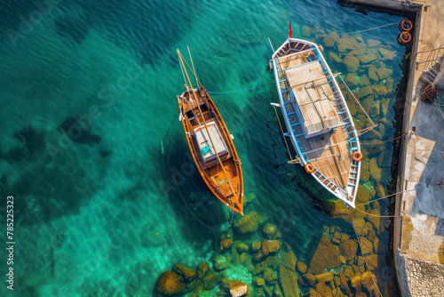 Aerial drone top down photo of traditional fishing boat anchored near small picturesque port. Top view.