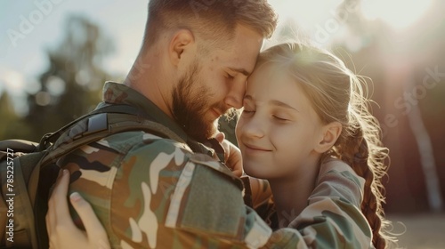 A military family standing together in a warm embrace, their faces full of smiles