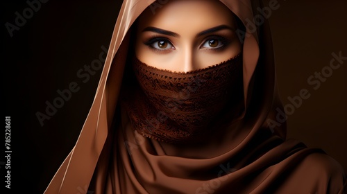 Portrait of a veiled woman wearing burqa isolated on brown background