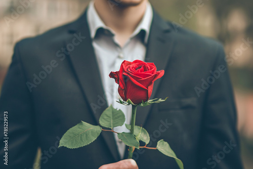 Red rose flower being held by man in elegant suit