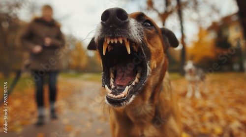 An aggressive dog is barking at people in the park, with an angry face showing sharp teeth and a long tongue, with a blurred background of an autumnal city street