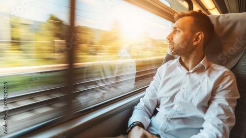 Businessman looking contemplatively out the window of a high-speed train, representing business travel and modern transportation.
