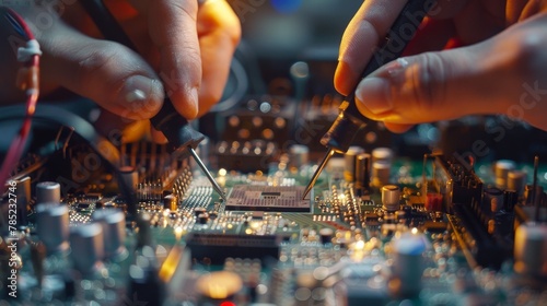 Close-up of hands using soldering iron to repair an electronic motherboard, highlighting intricate technology repair and expertise.