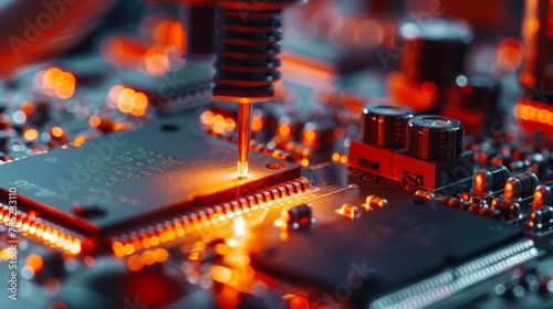 Close-up of a high-tech soldering process on a circuit board with glowing orange lights, depicting precision electronics manufacturing.
