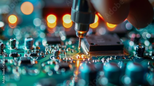 Macro shot of a precision soldering process on an electronic board, illustrating intricate technology repair and electronic engineering.