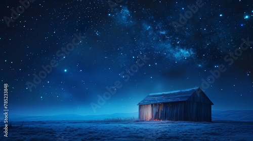 An artistic representation of Jesus Christ's birth in a wooden stable under a dark blue starry night, with room for additional text to be added.