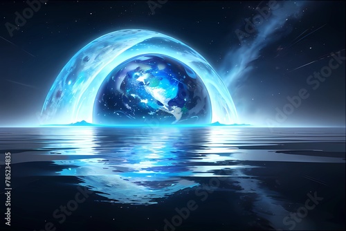 ファンタジーゲーム異世界惑星から見える地球の日の出と暗い海