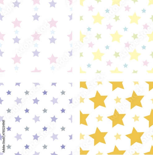 Collection with seamless patterns with stylish yellow, pink and violet stars on white background. Vector image.