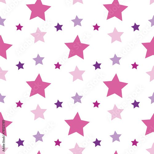 Seamless pattern with festive pink and violet stars on white backgound. Vector image.
