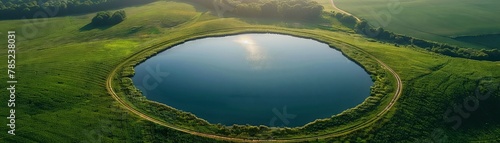large circle lake in center of lush green farm fields with dirt roads leading to lake arial drone direct downward