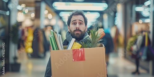 An overwhelmed man with a full beard carries a large, heavy cardboard box filled with various items.