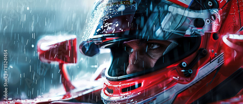 Dynamic digital artwork of a Formula One racing driver on track before the competition, ready for action.