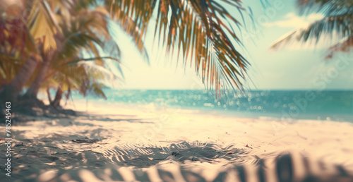 Beautiful exotic blurred seaside view with tropical palms and sand, summer vacation and travel concept.