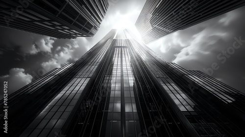 Capture the grandeur of imposing, futuristic skyscrapers with a wide-angle lens Show intricate details in a blend of photorealism and surrealism, emphasizing scale and perspective