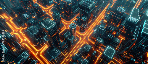 Aerial view of a futuristic city with glowing orange digital pathways