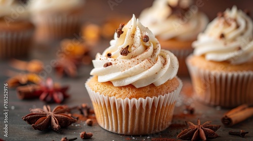 Homemade autumn spice cupcakes with creamy frosting and warm tones