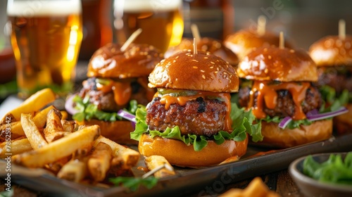 Delicious mini burgers and fries with beer for party