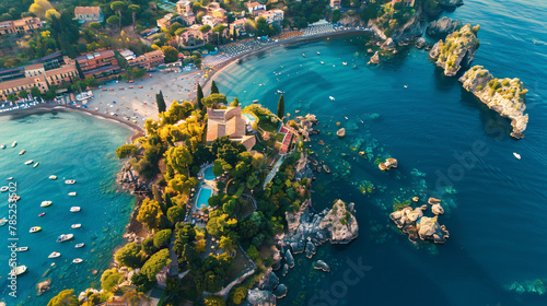 Aerial view of Isola Bella island and beach in Taormin